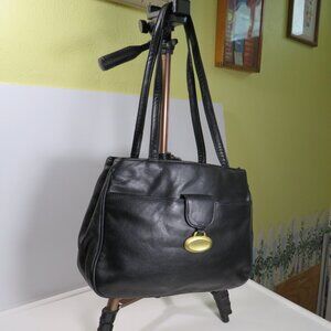 Retro Black Leather Shoulder Bag / Handbag zipper closure w Gold accents
